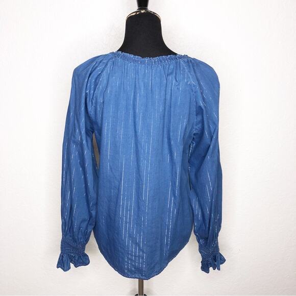 WHBM blue demin metallic striped ruffle trim top size Medium - Picture 12 of 12